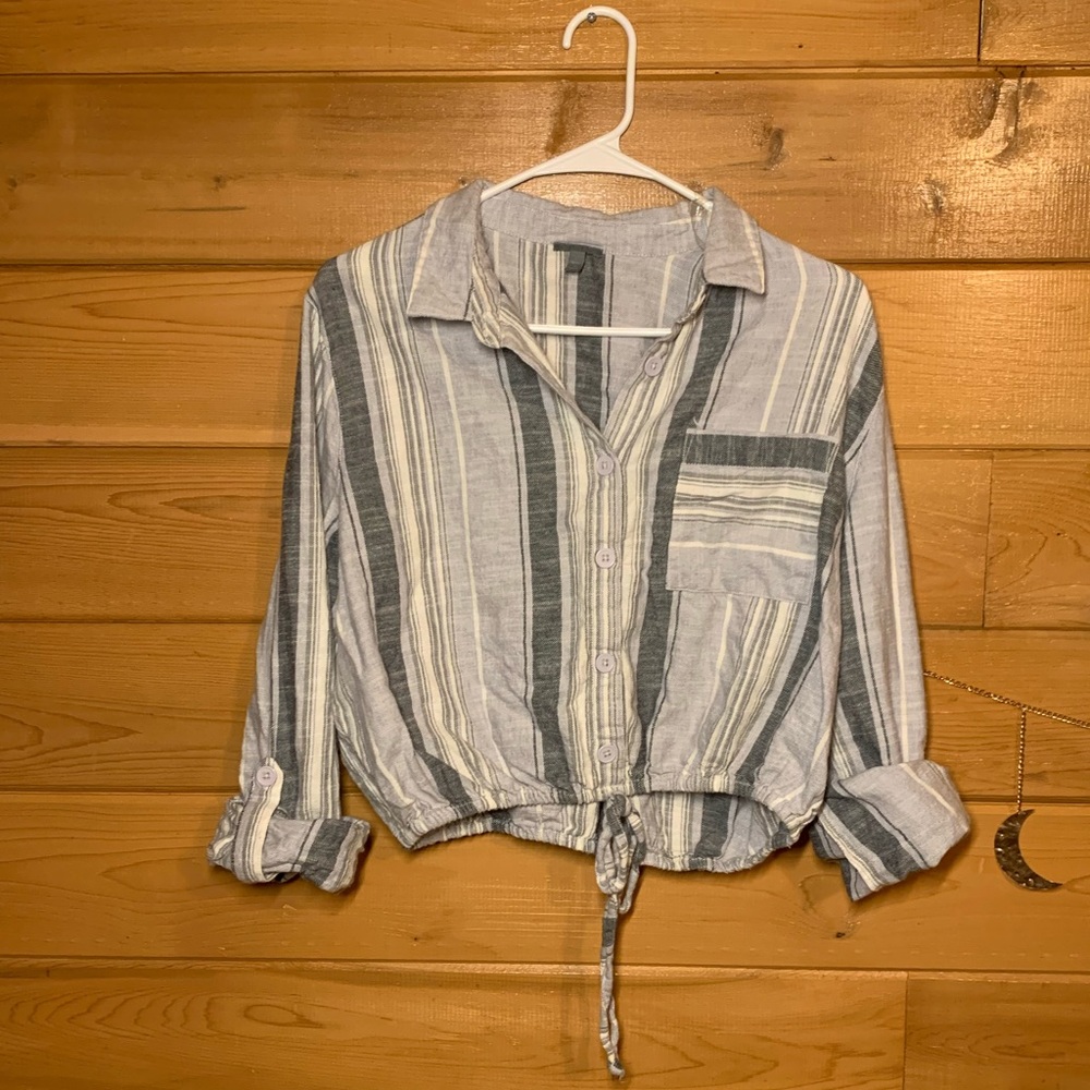 Long Sleeve Dusty/Baby Blue Striped Crop Top